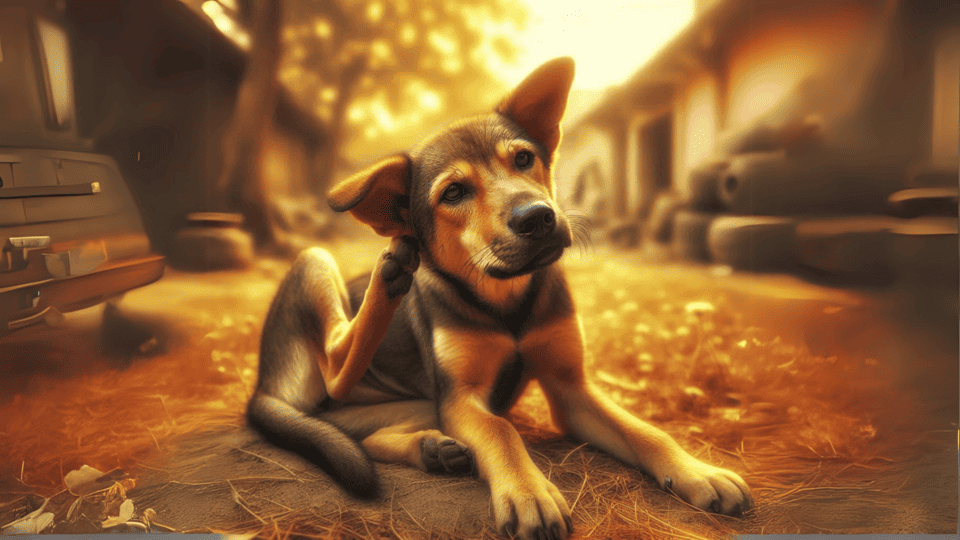 cachorro coçando orelha ambiente amarelado