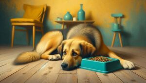 Cachorro sem apetite do lado do pote te ração cheio, post falando sobre sinais de alergia alimentar no cachorro