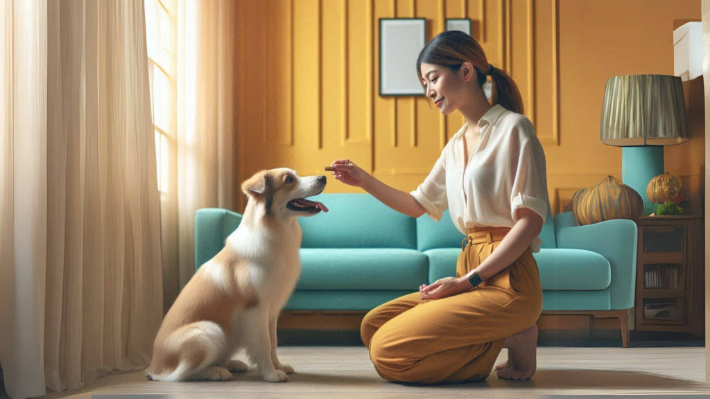 imagem de uma mulher dando petisco ao seu cachorro para ensina-lo a fazer xixi no lugar certo