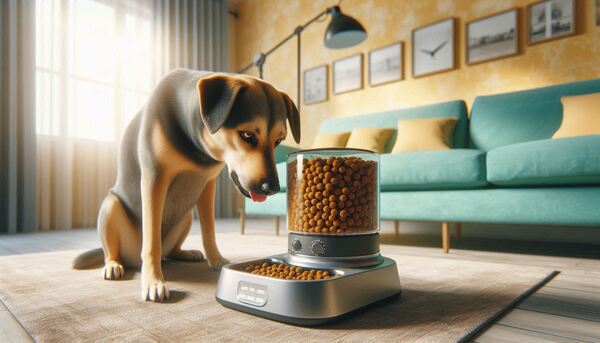 imagem de um cachorro com seu alimentador automatico para cachorro