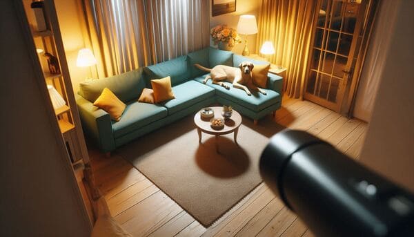 imagem de um cachorro deitado em um sofá enquanto é vigiado por uma câmera para cachorro