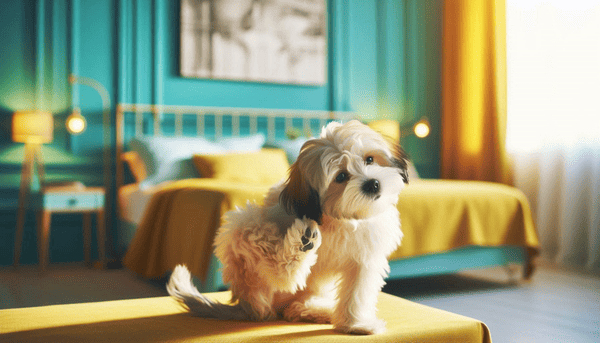 imagem de um cachorro se coçando dentro de um quarto em tons amarelos e azul turquesa, sobre o post de qual o melhor remédio para pulga e carrapato
