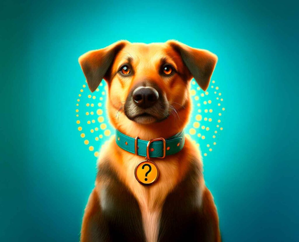 imagem de um cachorro vira-lata caramelo com sua coleira e tag sem identificação pois ainda não tem um nome para cachorro masculino